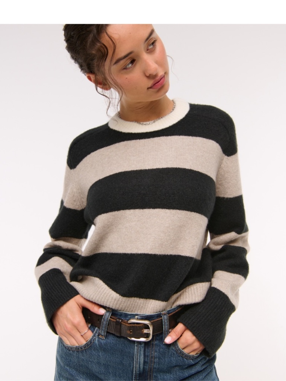 Abercrombie & Fitch Madeline Black and Cream Striped Crewneck Sweater